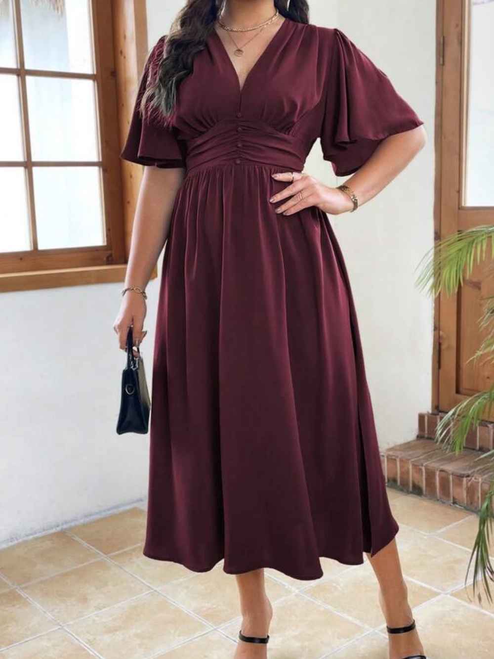 SHEIN Wine Red V-Neck Midi Dress